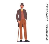 Elegant Proud Man of Nineteenth Century. English Victorian Gentleman in Frock Coat, Hat Hold Walking Cane, Male Character in Vintage Costume Isolated on White Background. Cartoon Vector Illustration.