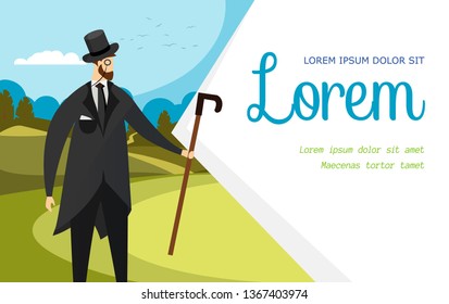 Elegant Proud Man of Nineteenth Century. Gentleman in Frock Coat, Monocle Eyeglass and Top Hat Hold Cane in Hand. Nature Background Horizontal Banner with Copy Space. Cartoon Flat Vector Illustration.