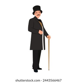 Elegant proud man of the nineteenth century. The gentleman in a frock coat and a top hat, holds a cane in hand. Flat vector illustration isolated on white background