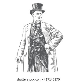 Elegant proud man of the nineteenth century. The gentleman in a  overcoat and a top hat, holds a cane in hand. Hand drawn vector illustration in vintage engraved style. Monochrome style