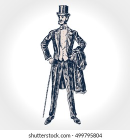 Elegant proud man of the nineteenth century. Gentleman in tuxedo and bow tie and top hat, holds a cane in hand. Socialite. Hand drawn vector illustration in vintage engraved style