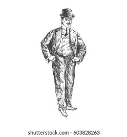 Elegant proud man of the nineteenth century. The gentleman in a frock coat and a top hat, holds a cane in hand. Hand drawn vector illustration in vintage engraved style. Gentlemen of Victorian era