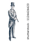 Elegant proud man. Victorian Era. The gentleman in a frock coat and a top hat, holds a cane in hand. Hand drawn vector illustration in vintage engraved style