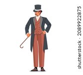 Elegant Proud Man of Victorian Era. Gentleman in Frock Coat, Top Hat Hold Cane in Hand Isolated on White Background. Fashioned Dandy Mustached Aristocrat Male Character. Cartoon Vector Illustration