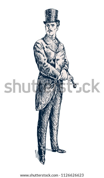 Elegant proud man. Victorian Era.
The gentleman in a frock coat and a top hat, holds a cane in hand.
Hand drawn vector illustration in vintage engraved
style
