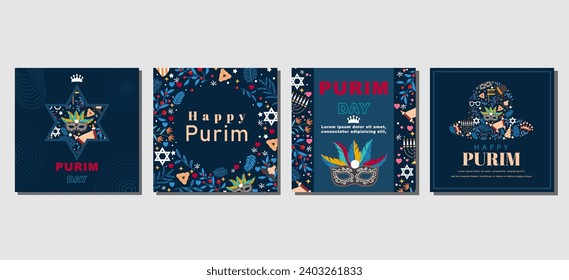 Elegant purim day Set of greeting cards, posters, holiday covers. vector illustration