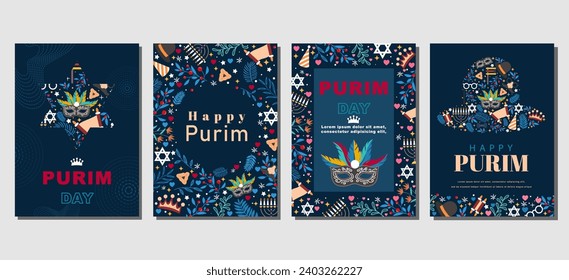 Eleganter Purim Day Set mit Grußkarten, Poster, Urlaubspaketen. Vektorgrafik