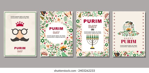 Elegant purim day Set of greeting cards, posters, holiday covers. vector illustration