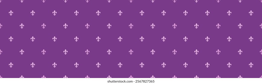 Elegant purple background with a repeating pattern of delicate pink fleur-de-lis. Perfect for website banners, invitations, textile designs, or any project needing a touch of regal sophistication.