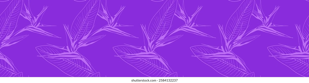 Elegant purple bird of paradise flower pattern.  Subtle line art design perfect for textile prints, wallpaper, or website backgrounds. Evokes tranquility and tropical vibes.