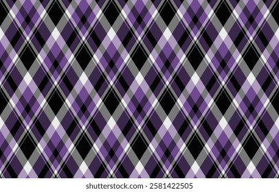 Elegant purple, black, and white diagonal plaid pattern. Perfect for textile design, fashion, website backgrounds, and more.  Seamless repeat texture adds sophisticated style to any project.