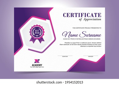 Elegant Purple Certificate template, with modern abstract shape design 