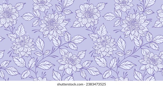 Elegant purple floral vector background with hand drawn dahlia flowers, monochromatic seamless repeat pattern, feminine detailed wallpaper for the spring or summer.