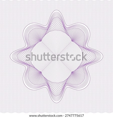 Elegant purple guilloche rosette featuring intricate interlaced line patterns and symmetrical geometric curves. This detailed ornamental design is inspired by traditional banknote, certificate, and security engraving styles. The complex radial lines and wavy background create a refined anti-counterfeit aesthetic, making it perfect for certificates, diplomas, currency designs, official documents, decorative seals, and luxury branding elements. The circular composition provides a balanced ornamental centerpiece suitable for professional and decorative design projects.