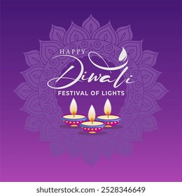 Elegante púrpura feliz Diwali 2024 saludo con decoración Rangoli y Diya o Ilustración vectorial de la lámpara. India Plantilla de celebración del Diwali, Anuncio, antecedentes, historia de medios sociales. Ilustración vectorial