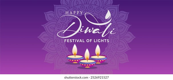 Elegante lila Happy Diwali Festival 2024 Banner mit Diya und Rangoli Dekoration. Deepavali "Festival of Lights" Feiertagshintergrund, Banner, Vorlage, Poster, Gruß, Verkauf, Vektorgrafik.