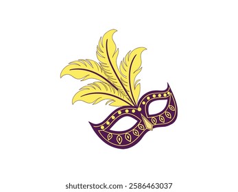 Elegant Purple Masquerade Mask with Yellow Feathers, Carnival Theme, and Festive Party Decoration