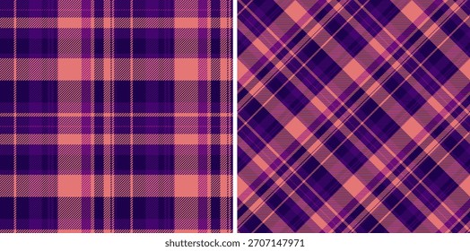 Elegantes patrones de cuadros púrpura y melocotón. Perfecto para fondos, textiles o diseños festivos. Un estilo clásico con un toque de color moderno. Versátil.