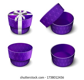 Elegant Purple Round Gift Box For Jewelry. Vector Illustration Cartoon
 In Different Angles.