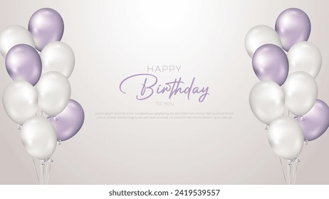 Elegante globo morado y plata Feria de la tarjeta de celebración de cumpleaños feliz plantilla con globo y elemento de decoración de confeti para el diseño de la tarjeta de saludo de la celebración del día de nacimiento. Ilustración vectorial.