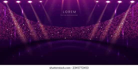 Elegante escenario violeta horizontal brillante con efecto de iluminación brillante en el fondo oscuro. Diseño de premio de plantilla premium. Ilustración del vector