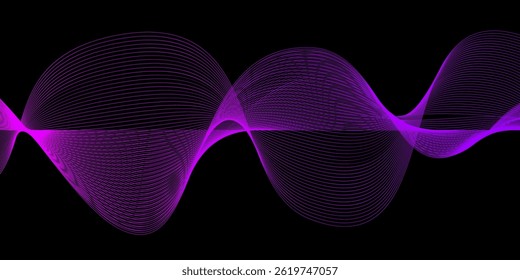 Elegantes linhas de onda roxa em um fundo preto formando um padrão suave e fluente. Perfeito para som, música, tecnologia ou temas digitais abstratos.