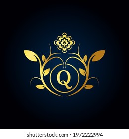Elegant Q Luxury Logo. Golden Floral Alphabet Logo with Flowers Leaves. Perfect for Fashion, Jewelry, Beauty Salon, Cosmetics, Spa, Boutique, Wedding, Letter Stamp, Hotel and Restaurant Logo.