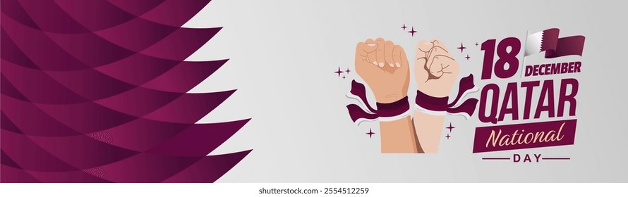 Elegant Qatar national day 2024 celebration banner design with rising hand and flag on modern abstract background. Qatar background, template, poster, design, greeting. Vector Ilustration