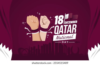 Elegant Qatar national day 2024 banner design with rising hand, flag and Doha skyline illustration. Qatar national day vector Illustration