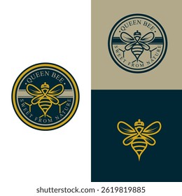Elegante logotipo do emblema da abelha da rainha com uma abelha coroada em um conceito de contorno de emblema circular