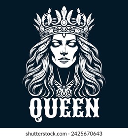 Elegant Queen with Ornate Crown and Typography - Black and White Vector Art