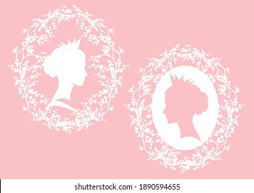 elegant queen or princess wearing crown among sakura blossom branches - royal head portrait vector design