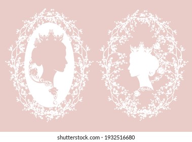 elegant queen or princess wearing crown with rose flowers and butterfly among blooming branches - royal head portrait vector silhouette design