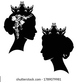 elegant queen and princess wearing royal crown decorated with rose flowers - beautiful woman profile head silhouette set