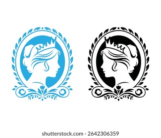 Elegant queen profile crown laurel wreath logo design