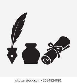 Elegant Quill Pen Inkwell and Rolled Parchment Vector Illustration for Writing History and Classic Communication Designs Perfect for Education and Creative Projects