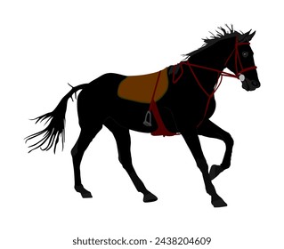 Elegant racing black horse vector illustration isolated on white background. Hippodrome sport event. Jet set entertainment. Equestrian rider jumping over barrier. Handsome noble animal pet.