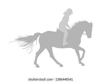 Elegant racing horse in gallop vector silhouette isolated on white background. Jockey lady riding horse. Hippodrome sport event. Entertainment gambling. 