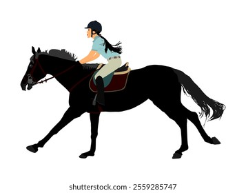 Elegant racing horse portrait vector illustration isolated on white background. Jockey lady riding horse. Hippodrome sport event. Entertainment gambling. Equestrian rider in jumping over barrier show.