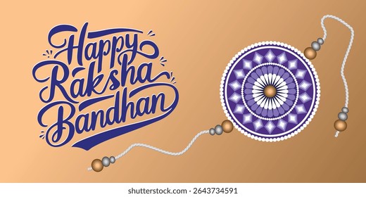 Elegant Raksha Bandhan design with ornate rakhi, festive blue background, and stylish "Happy Raksha Bandhan" text, symbolizing sibling love and tradition.
