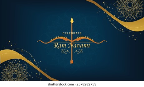 Elegant Ram Navami illustration featuring a golden bow and arrow, symbolizing Lord Rama’s strength, righteousness, and the victory of good over evil, with festive design elements