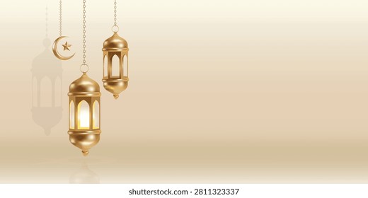 Elegant Ramadan background with luxurious hanging golden lanterns on soft beige gradient featuring spacious copy area for festive greetings branding invitations seasonal promotions and creative presentations.
