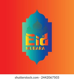Elegant Ramadan celebration banner with crescent moon hidden behind mosque and Arabic calligraphy Eid Mubarak aside, meaning happy holiday, 3d illustration,EiD mubarak.