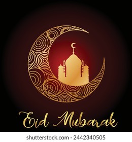 Elegant Ramadan celebration banner with crescent moon hidden behind mosque and Arabic calligraphy Eid Mubarak aside, meaning happy holiday, 3d illustration,beautiful masjid .