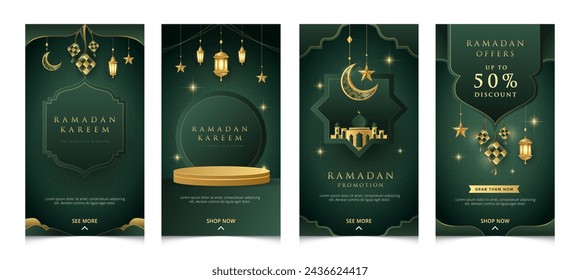 Elegant Ramadan design template for social media posting. Dark green Raya with golden islamic elements templates collection.