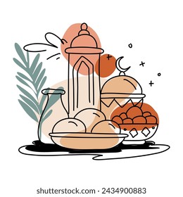 Elegant Ramadan Food Moon Flat Illustration Sticker Islamic Decal, Muslim Festive Decor, Eid Al Fitr Decoration