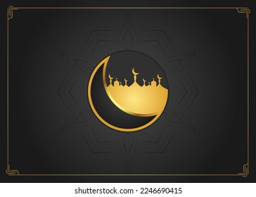 Elegant Ramadan Gold Frame Horizontal Banner with Mosque and Moon