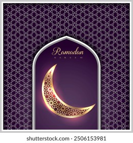 Elegant Ramadan greeting card with Islamic arch and golden crescent. Vector illustration design