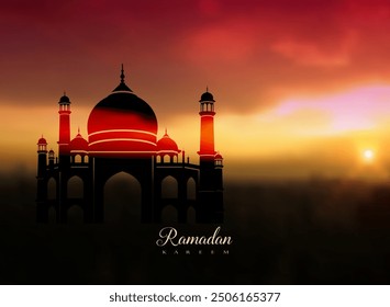 Elegant Ramadan greeting card with mosque and sunset.Vector illustration design