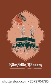 Elegant Ramadan greeting card showcasing a minimalist line art illustration of the Kaaba, complemented by a serene color palette